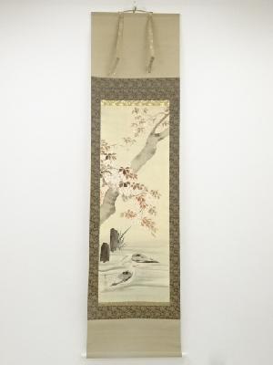 大正～昭和頃　玉桂女史筆　桜花鳥図　肉筆絹本掛軸